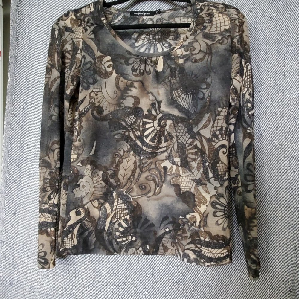 Eric Alexandre -  Size M - Sheer Graphic Top - Neutrals - Long Sleeves - EUC